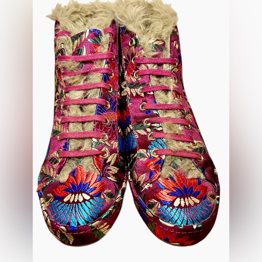 JOIE-NEW Floral Embroidered Brocade High Top Sneakers with fur trim. 🩷💜💙 - Picture 3 of 5